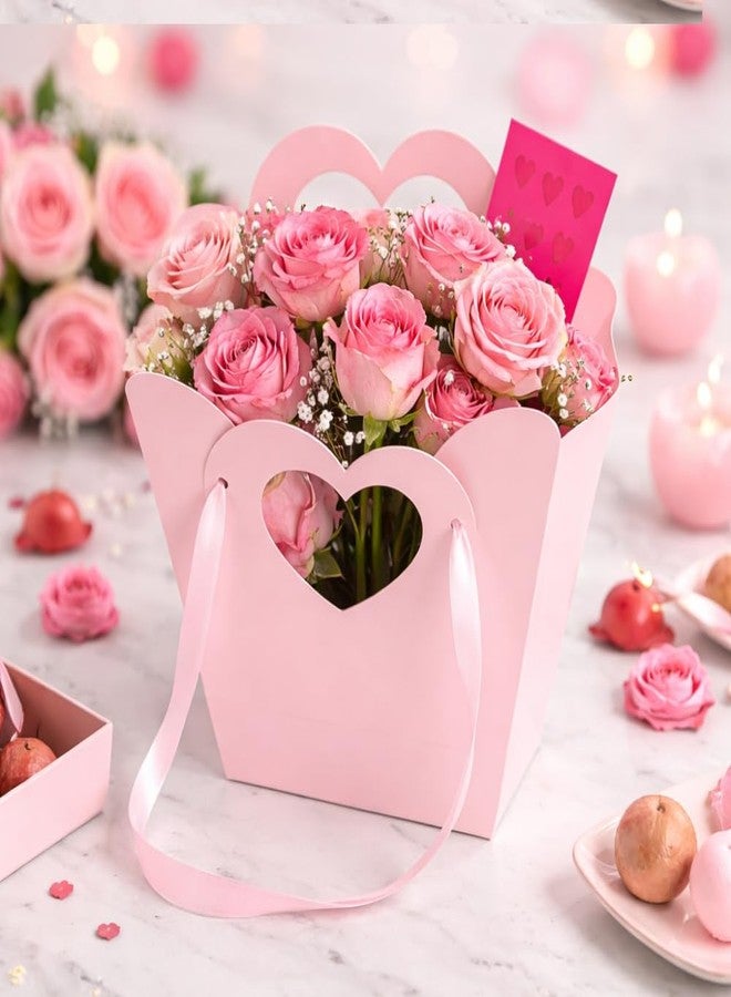 اويسيس مجموعة أواسيس من 10 أكياس زهور بنافذة على شكل قلب مع مقبض من شريط ساتان، أكياس تغليف زهور ورقية لتنسيقات الزهور، وتغليف سلال الهدايا، وتغليف مناسبات بائعي الزهور لعيد الحب وحفلات الزفاف والمناسبات الخاصة، 22 × 21 × 10 سم | وردي - Image 1